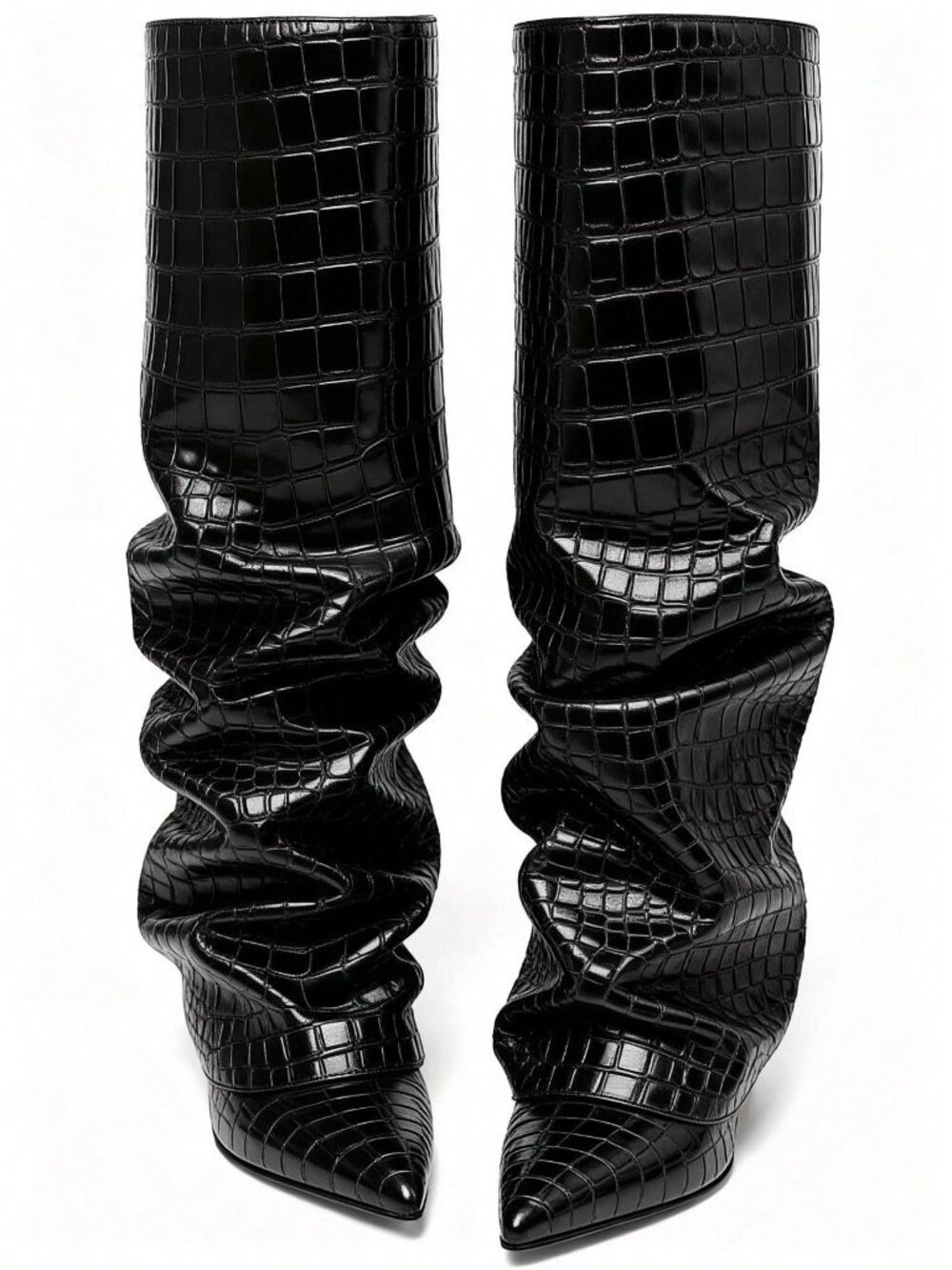 Black Texture Punk Women's Knee High Slouchy Chunky heel boots - Picture 3 of 11